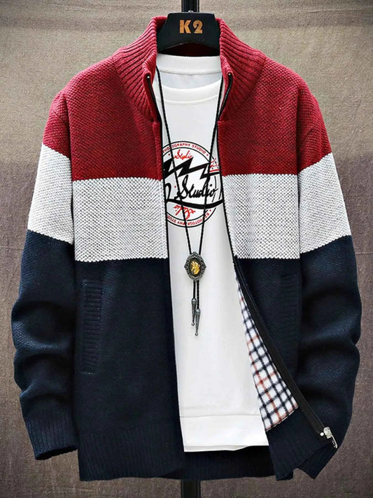 Men's Plus Size Color Block Zip Up Cardigan