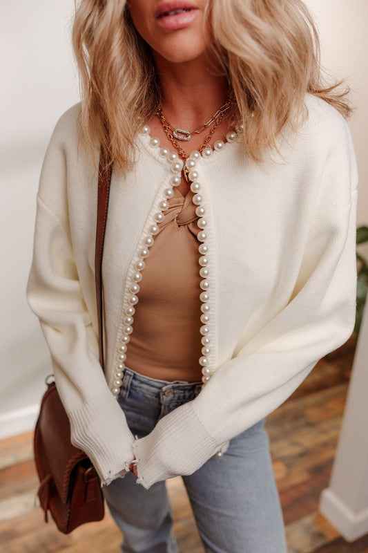 Pearl Embellished Open-Front Cardigan