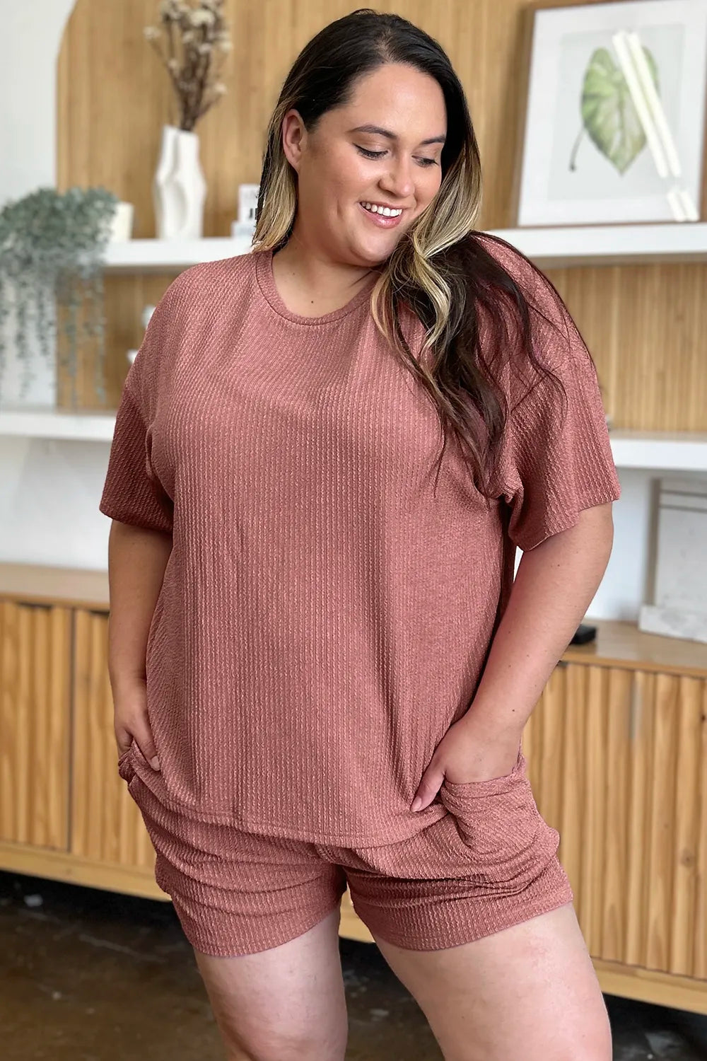 Double Take Full Size Round Neck Short Sleeve T-Shirt and Shorts Set - CHIC TB