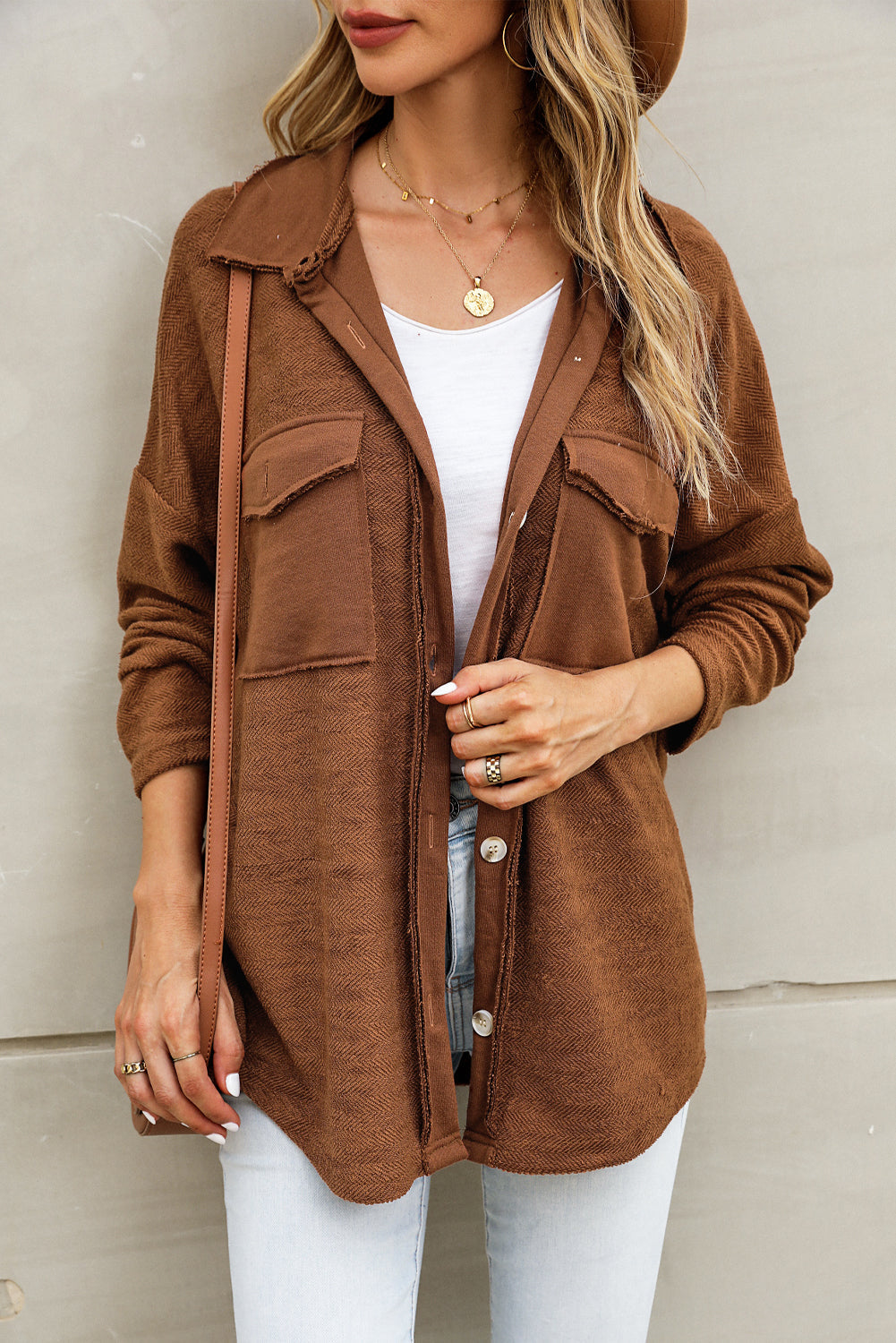 Brown Contrast Flap Pockets Relaxed Shacket Dear-Lover Dropshipping