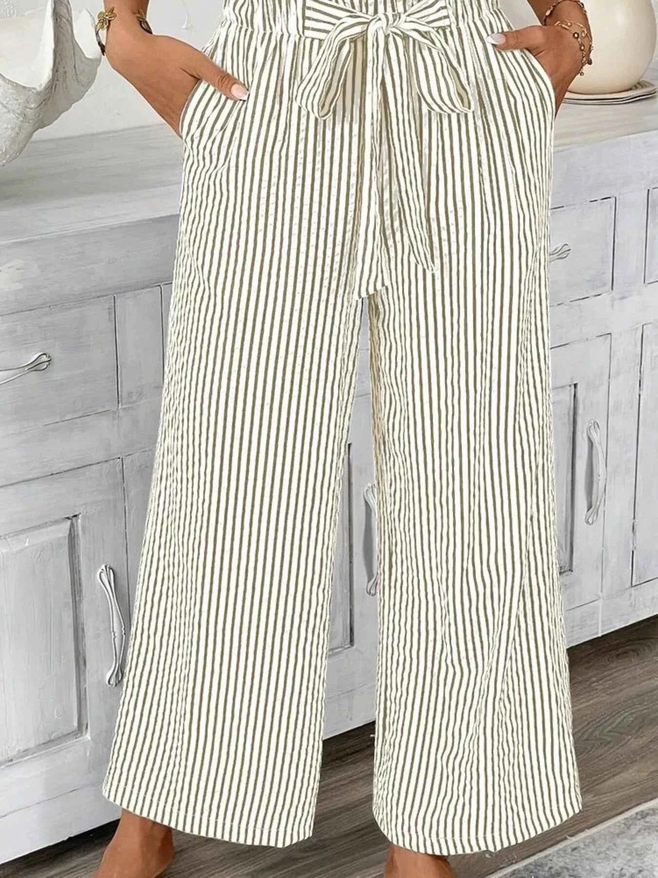 Full Size Striped Wide Leg Paper Bag Pants Plus Size