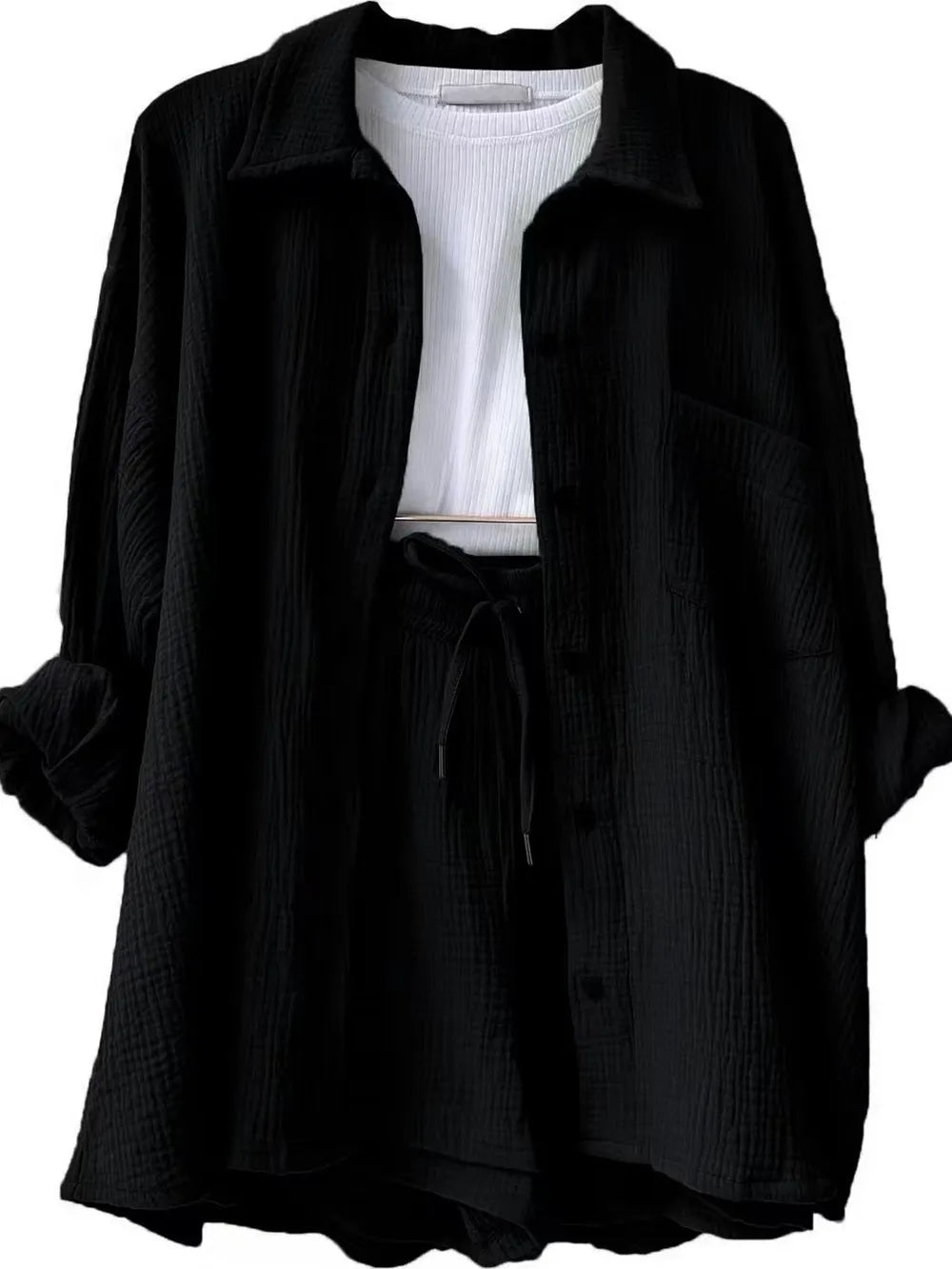 Texture Button Up Shirt and Drawstring Shorts Set - CHIC TB