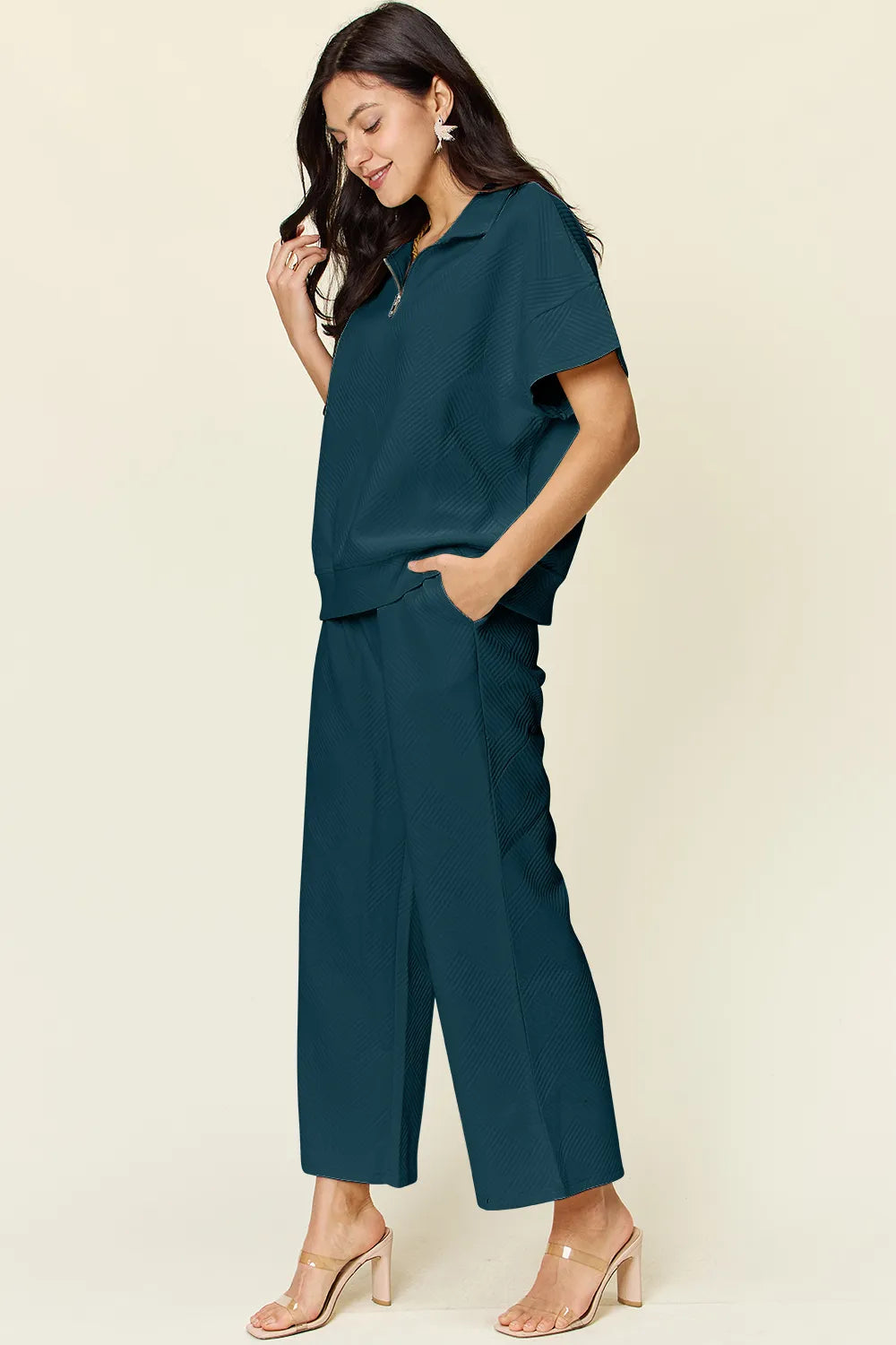 Double Take Full Size Texture Half Zip Short Sleeve Top and Pants Set - CHIC TB