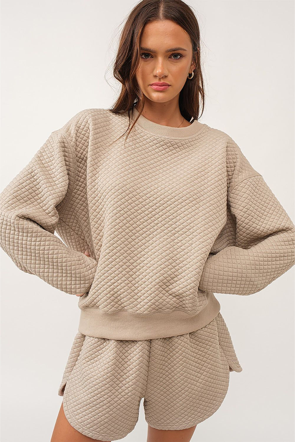 Parchment Solid Color Quilted Long Sleeve Top and Shorts Set Dear-Lover Dropshipping