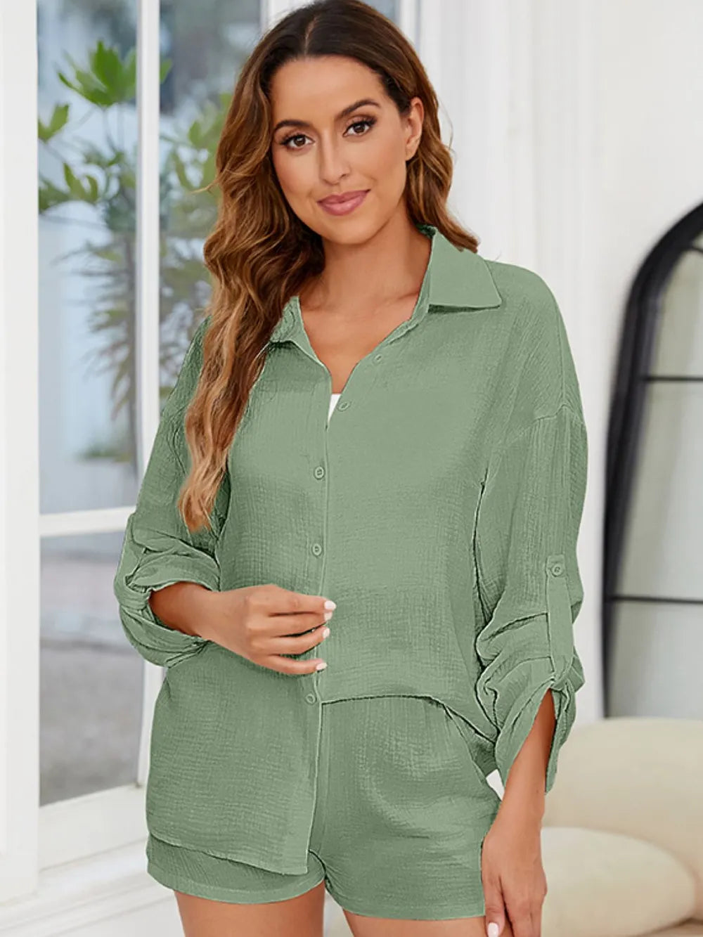 Button Up Long Sleeve Top and Shorts Set - CHIC TB