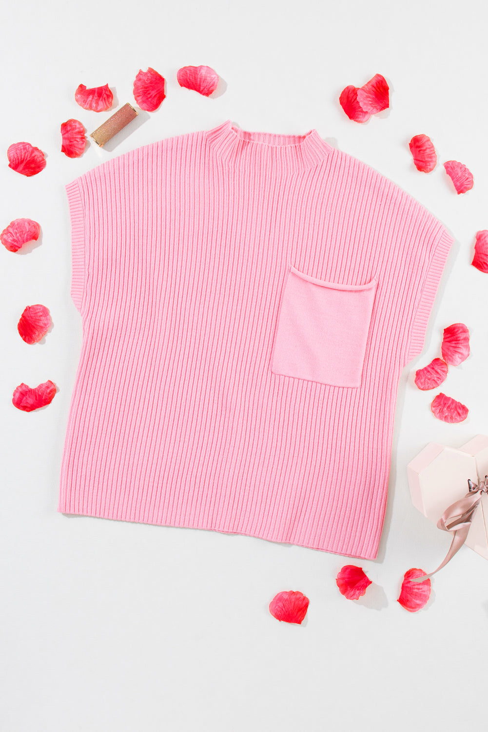 Pink Patch Pocket Ribbed Knit Short Sleeve Sweater Dear-Lover Dropshipping