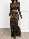 Leopard Round Neck Top and Skirt Set.