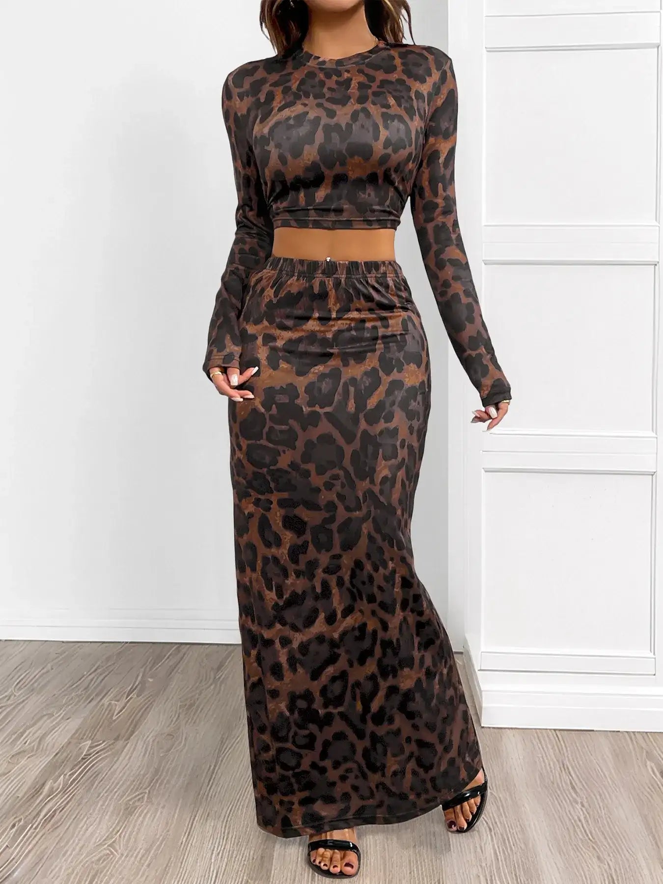 Leopard Round Neck Top and Skirt Set.