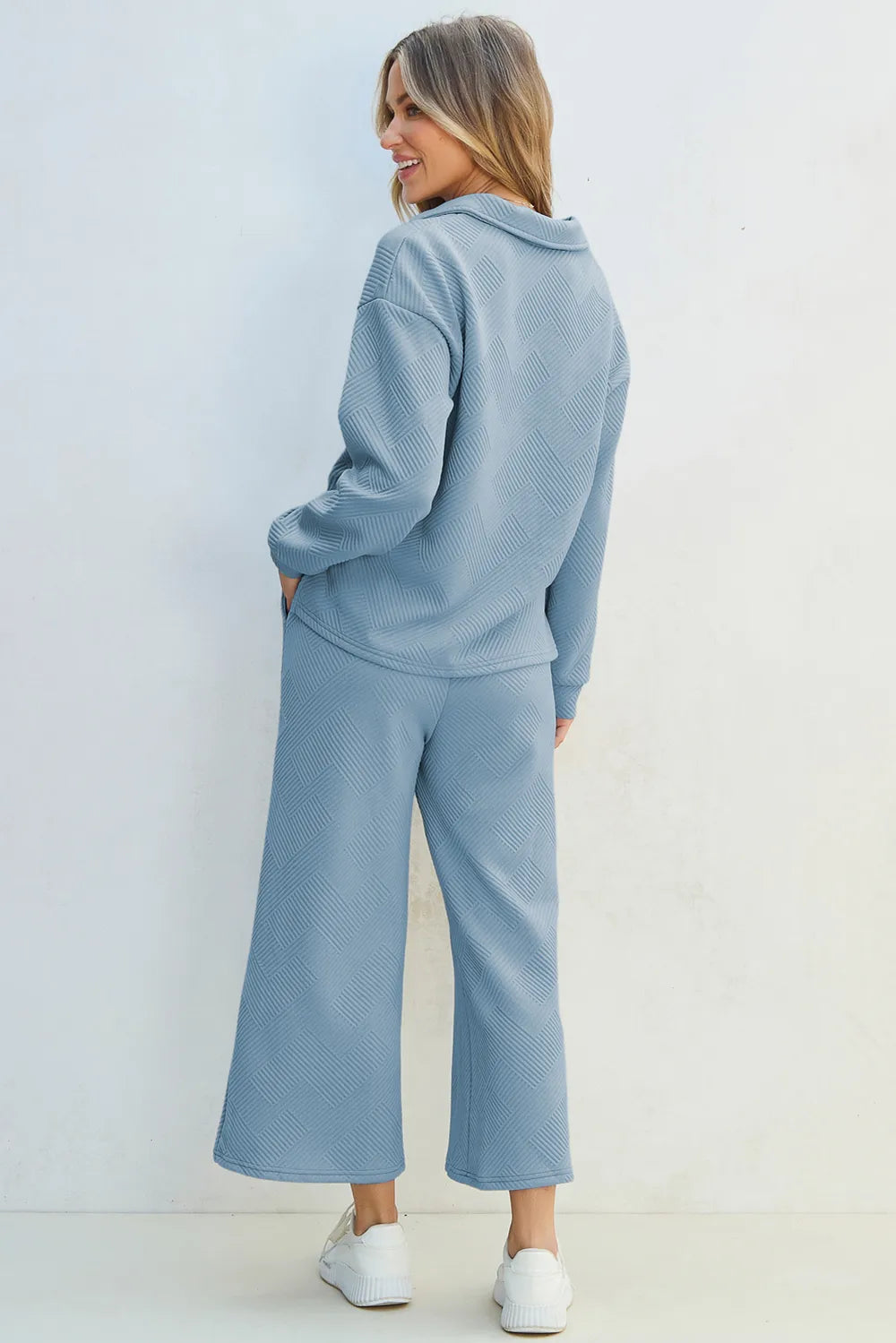 Textured Collared Neck Top and Wide Leg Pants Set.