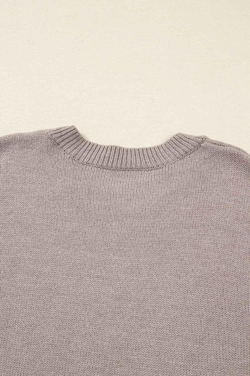 Simply Taupe Embroidered Floral Sleeve Round Neck Loose Sweater