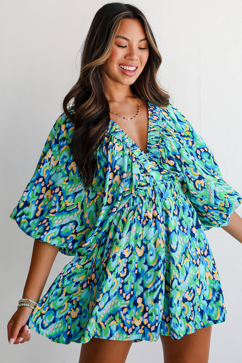 Green Abstract Print Puff Sleeve V Neck High Waist Romper Dear-Lover Dropshipping