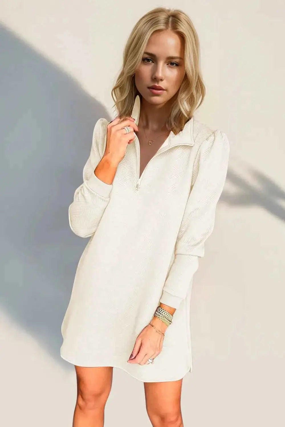 Double Take Textured Quarter Zip Long Sleeve Dress.