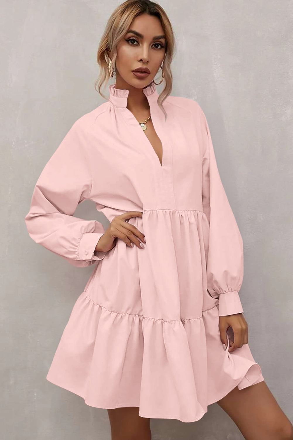 Pink Frilled Stand Collar Long Sleeve Ruffle Dress Dear-Lover Dropshipping