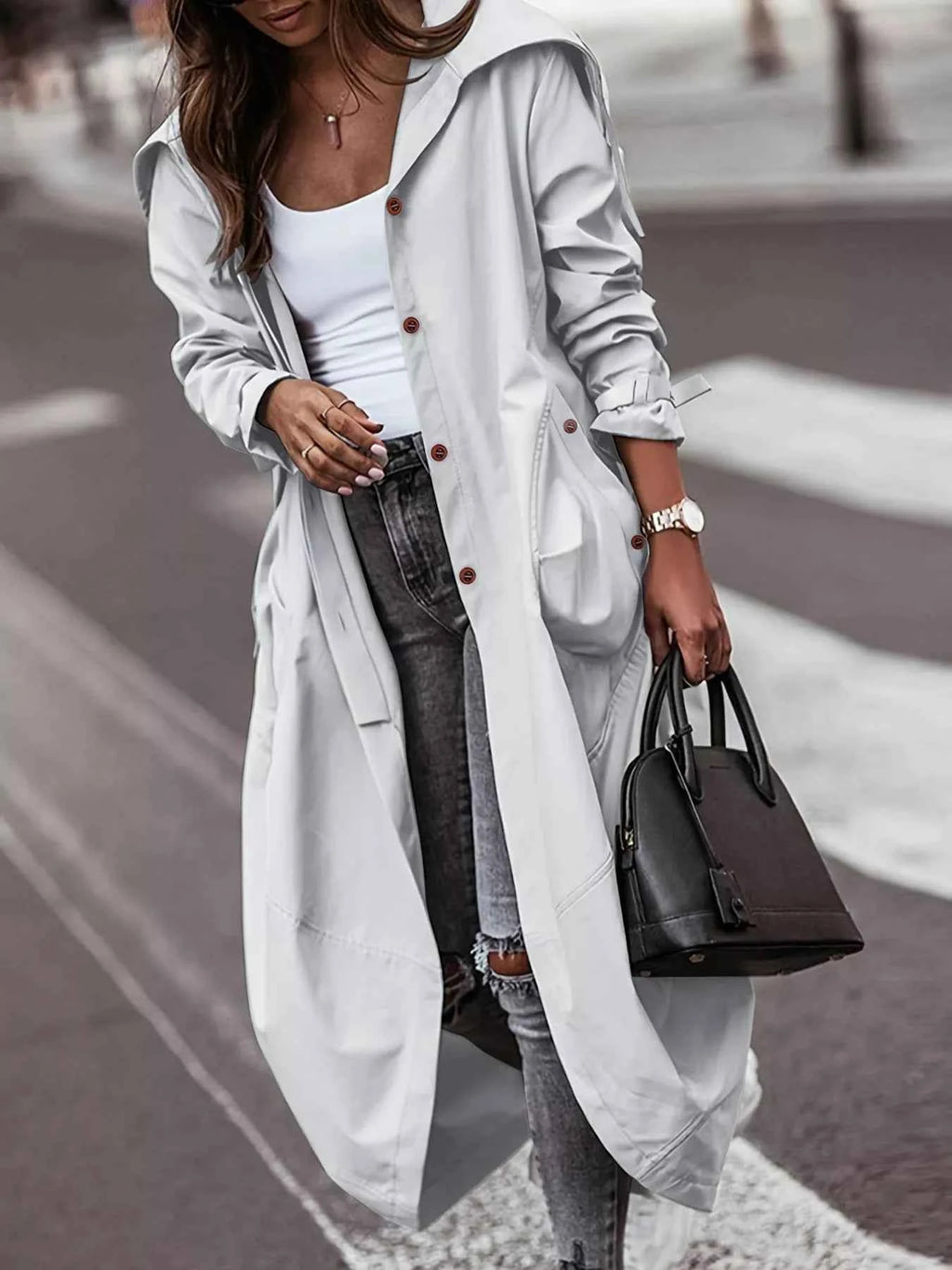 Button Up Hooded Longline Trench Coat