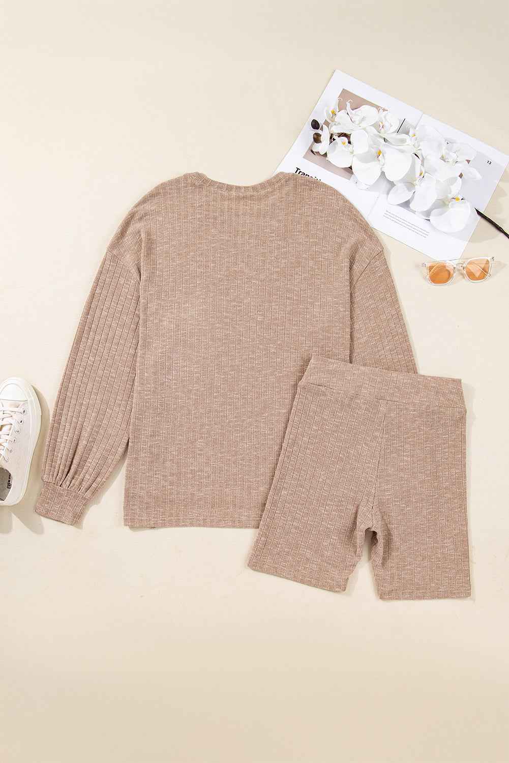 Dark Khaki Ribbed Balloon Sleeve Pullover Top and Biker Knitted Short Set