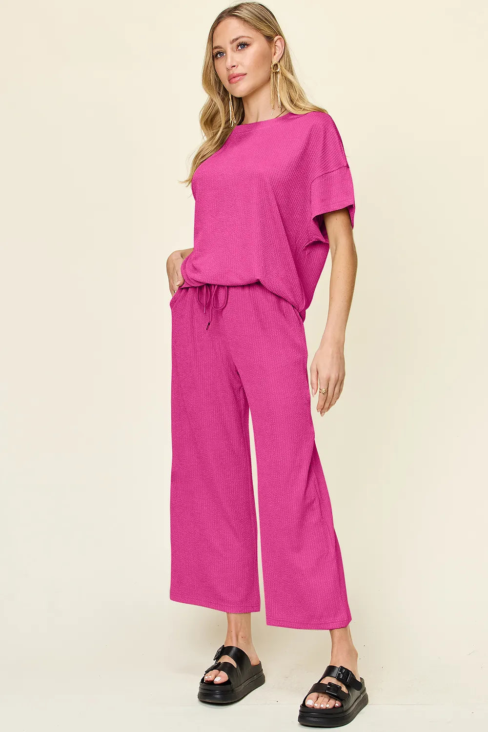 Double Take Full Size Texture Round Neck Short Sleeve T-Shirt and Wide Leg Pants - CHIC TB