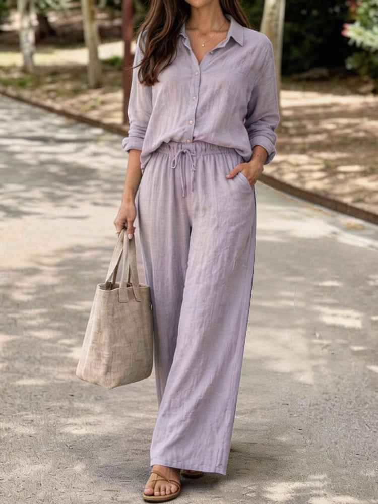 Womens Casual Lapel Collar Pullover Long-Sleeve Pants Set