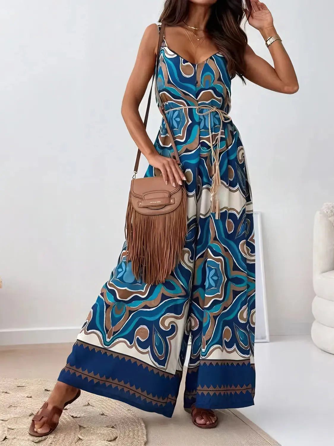 Printed V-Neck Wide Leg Jumpsuit.