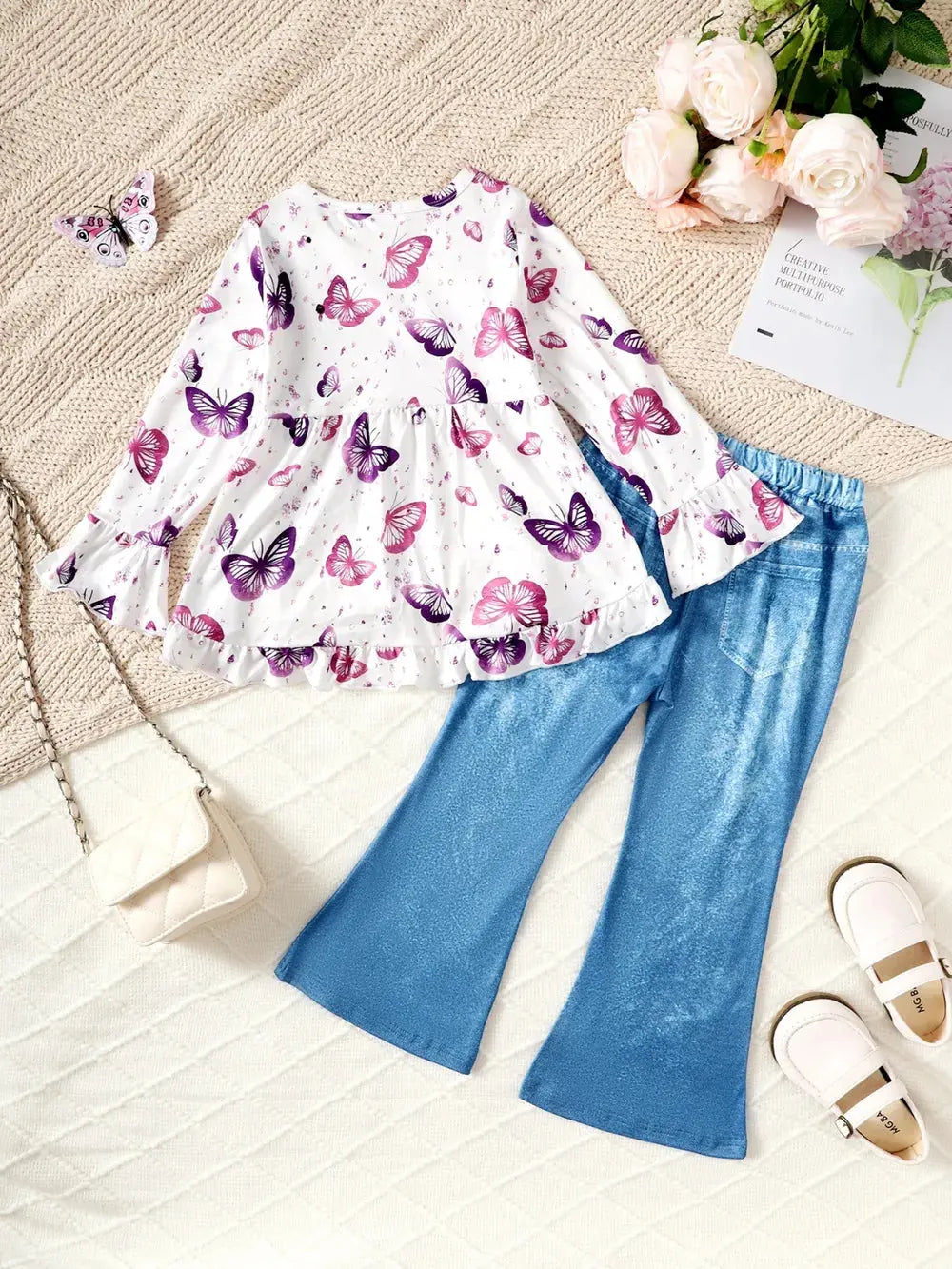 Children's Butterfly Print Top and Flare Pants Set.