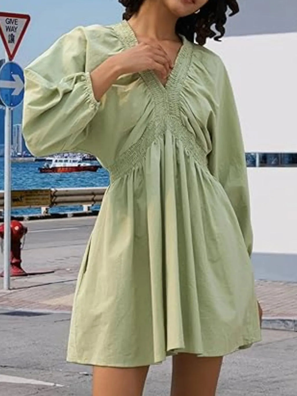 Textured V-Neck Mini Dress.