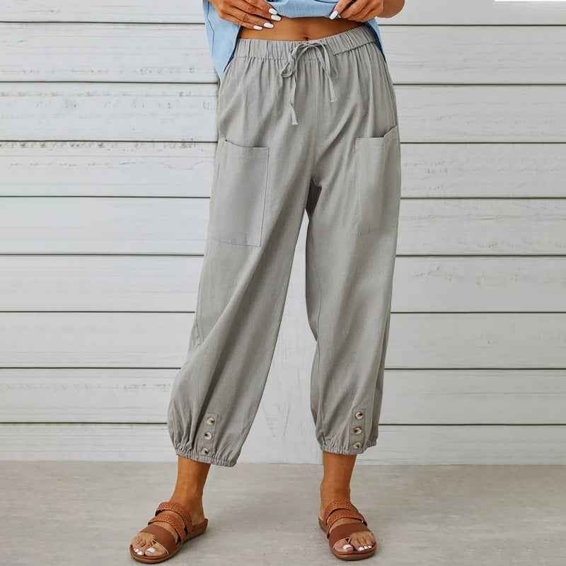 High Waist Cotton Linen Wide Leg Nine Point Pants For Women