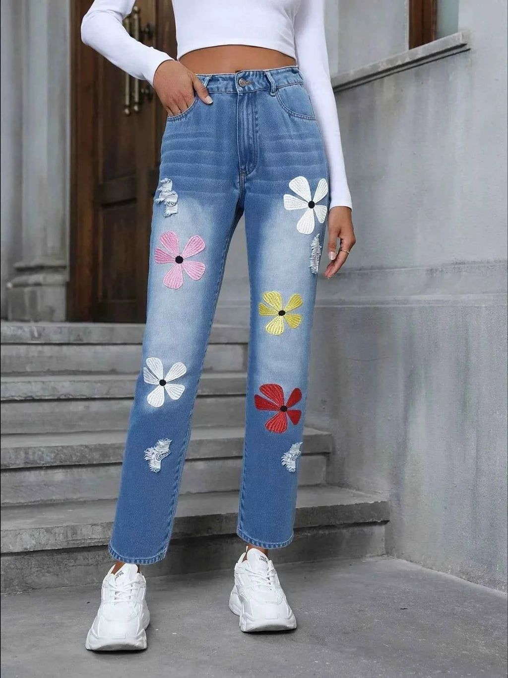 Floral Embroidered High Waist Distressed Jeans