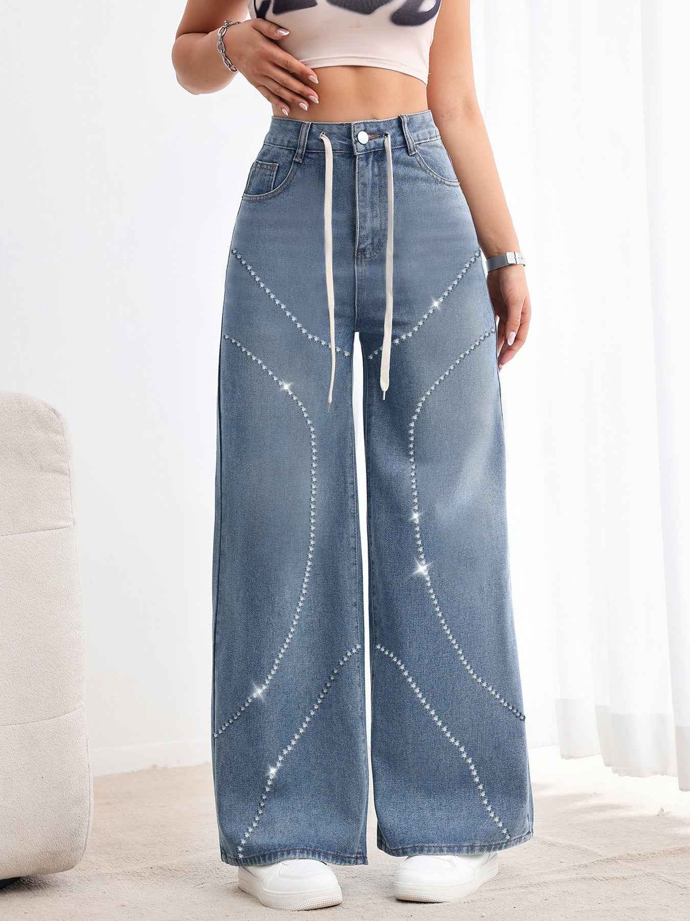 American-style Vintage Womens Washed Denim Jeans With Beadwork