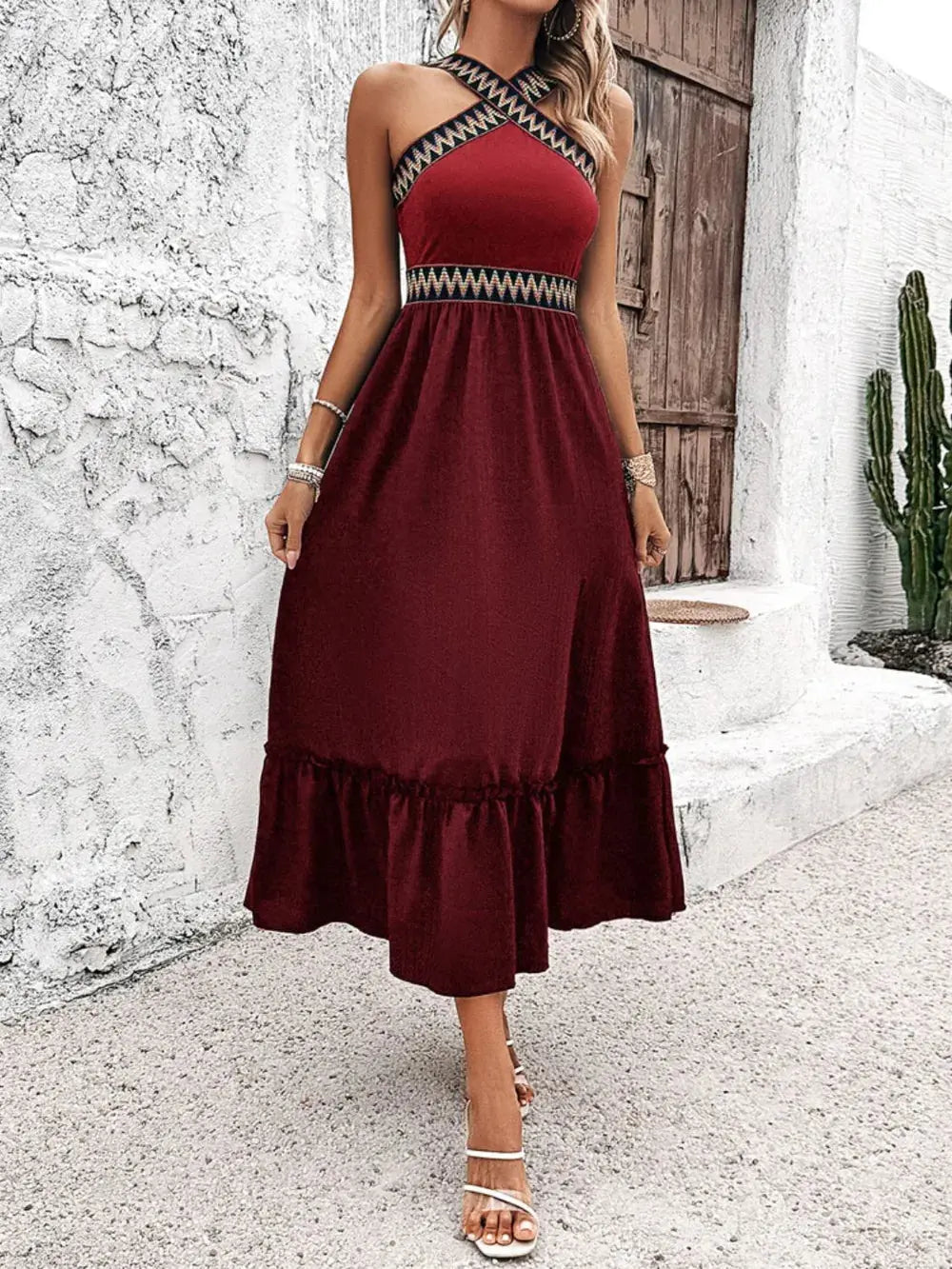 Devine Ruffled Slit Sleeveless Midi Dress.