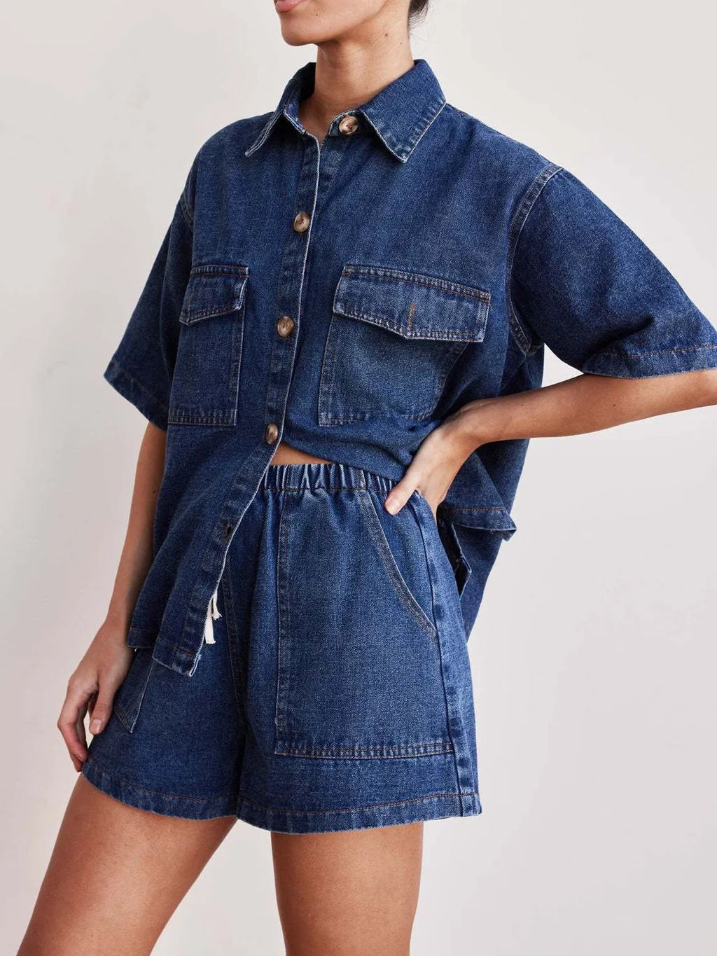 Button Up Short Sleeve Top and Shorts Denim Set.