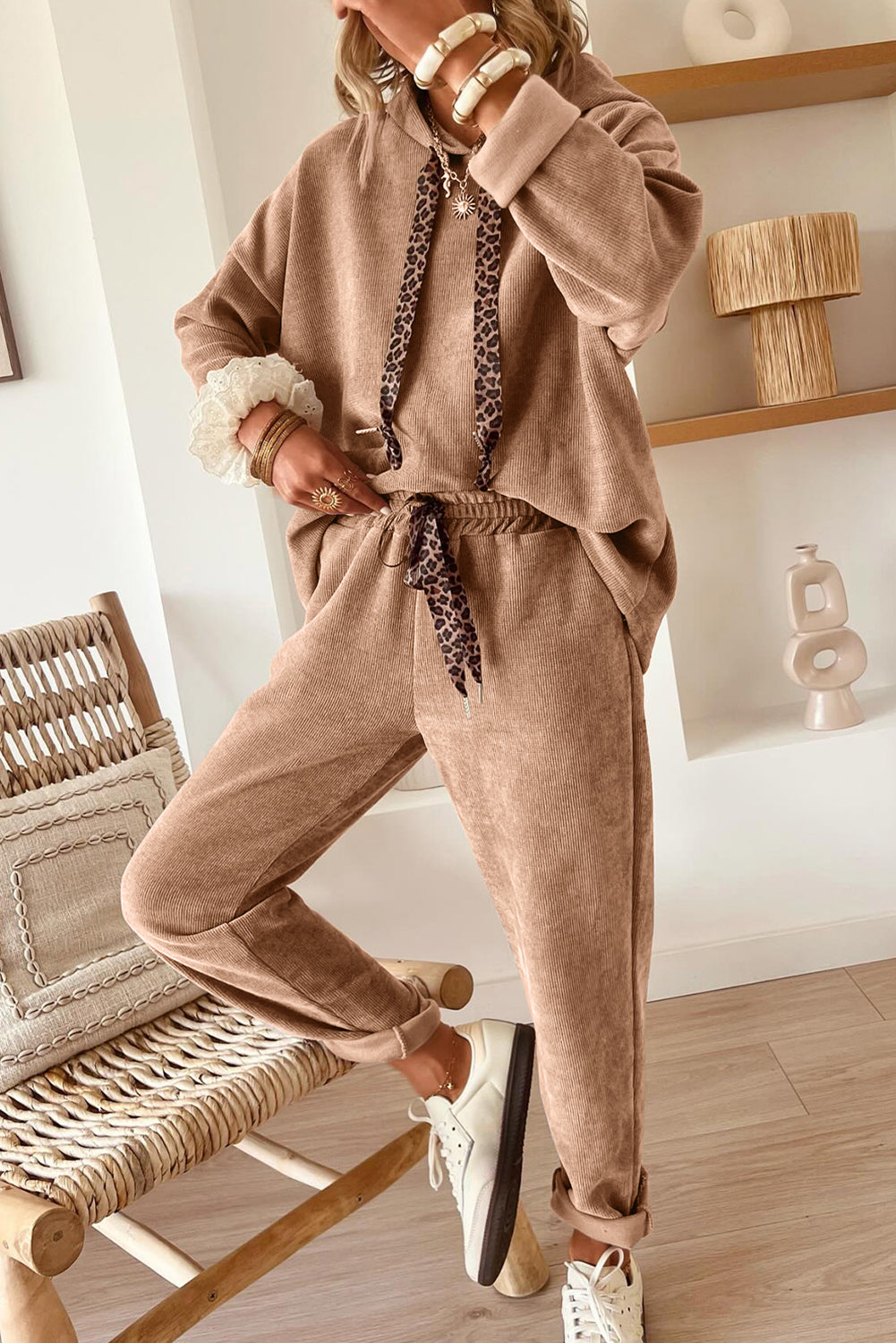 Dark Khaki Leopard Drawstring Pullover Hoodie and High Waist Pants Corduroy Suit Dear-Lover Dropshipping