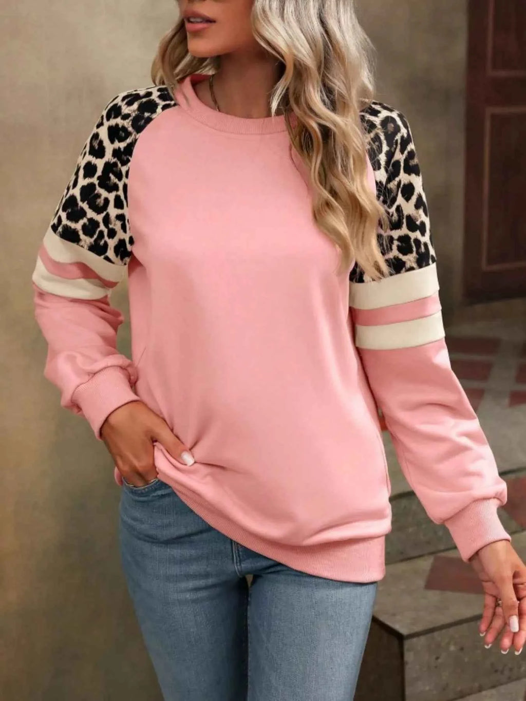 Leopard Round Neck Raglan Sleeve Sweatshirt.