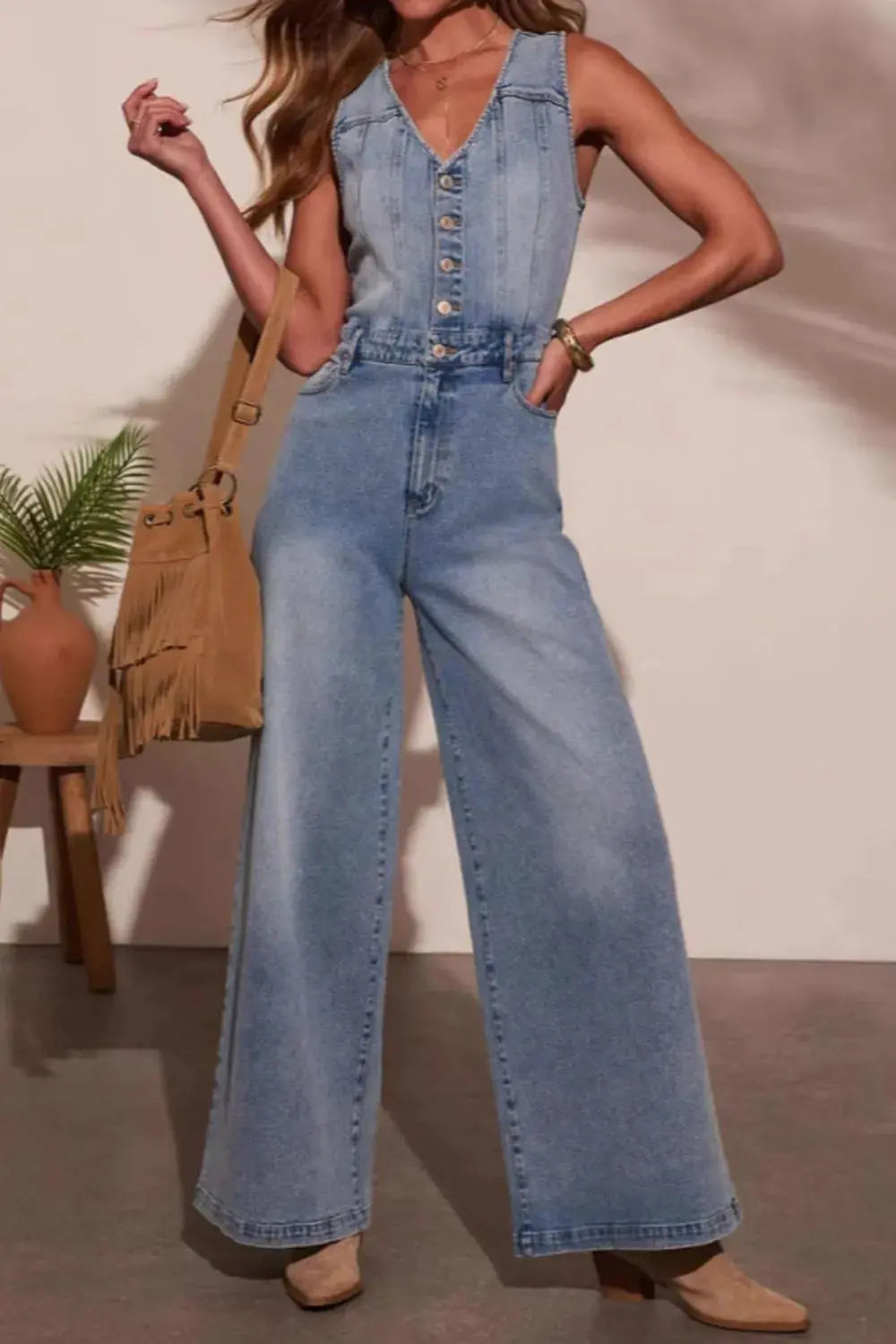 V-neck Wide Leg Denim Jumpsuit.
