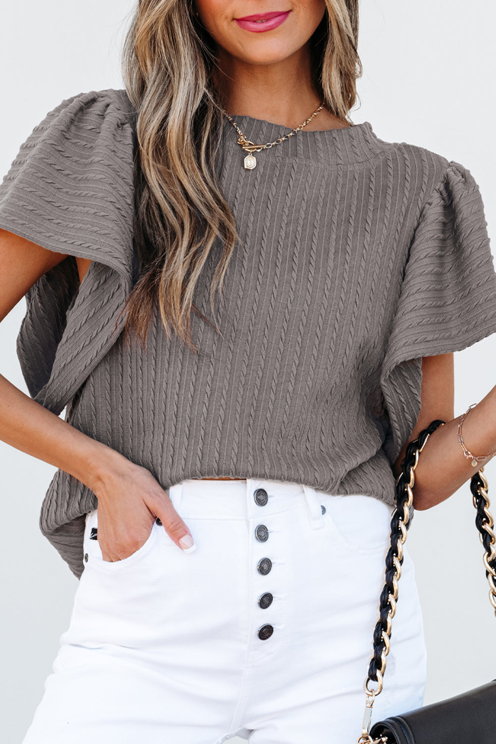Sleet Solid Color Textured Flutter Sleeve Top Dear-Lover Dropshipping
