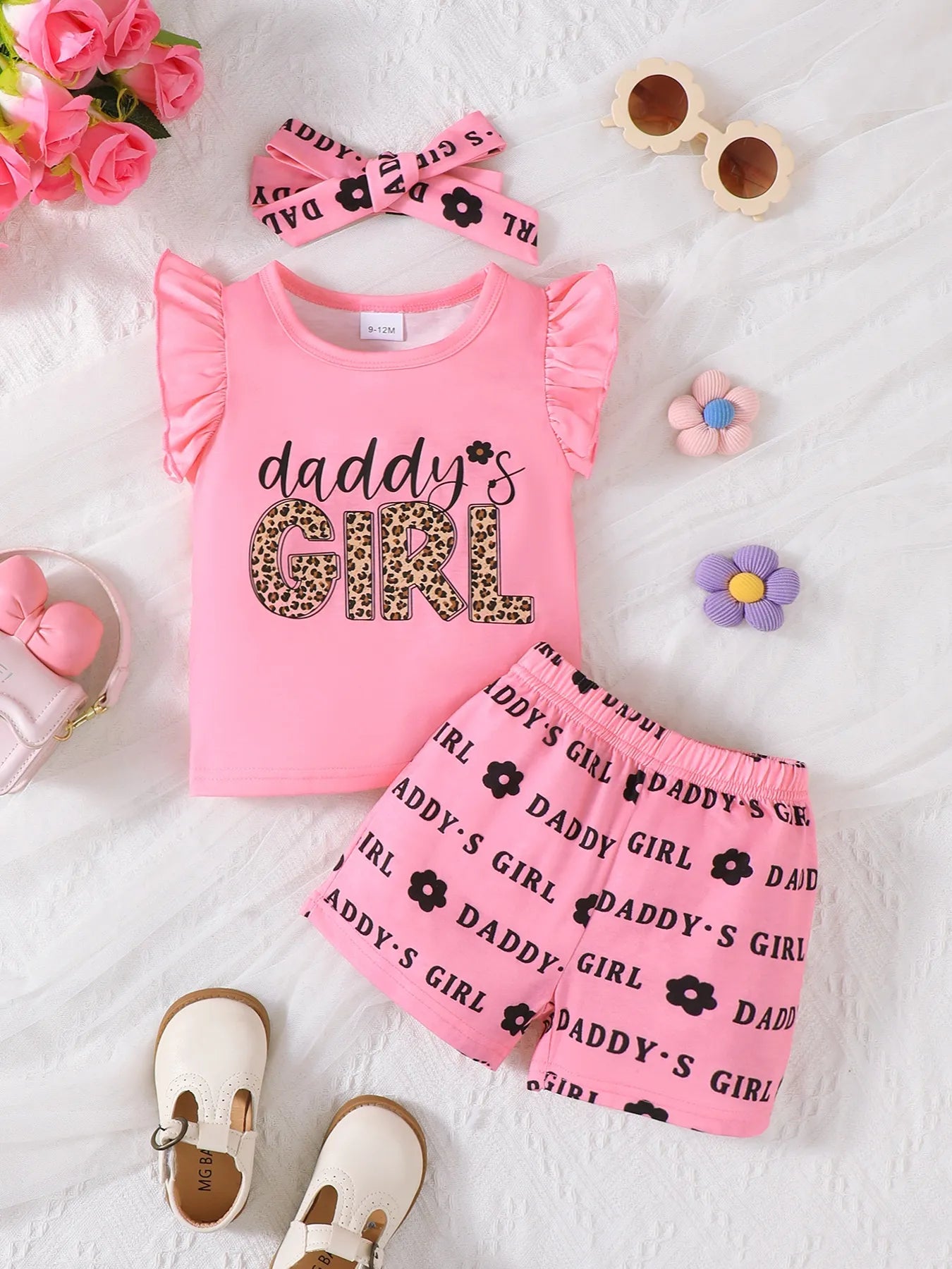 Children's Headband Letter Ruffle Sleeve Top and Shorts 3-Piece Set.