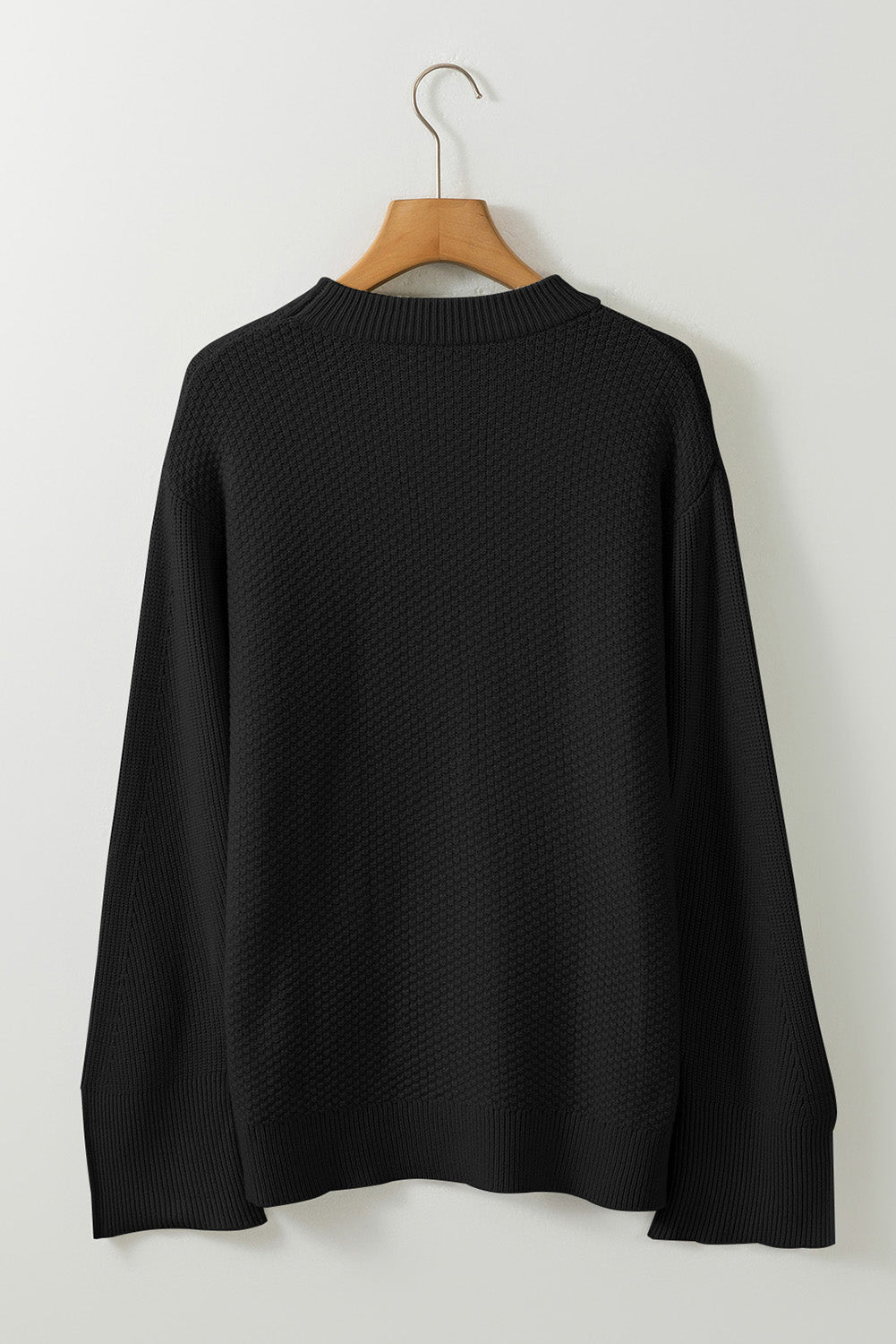 Black Solid Textured Knit Split Cuff Drop Shoulder Loose Sweater Dear-Lover Dropshipping