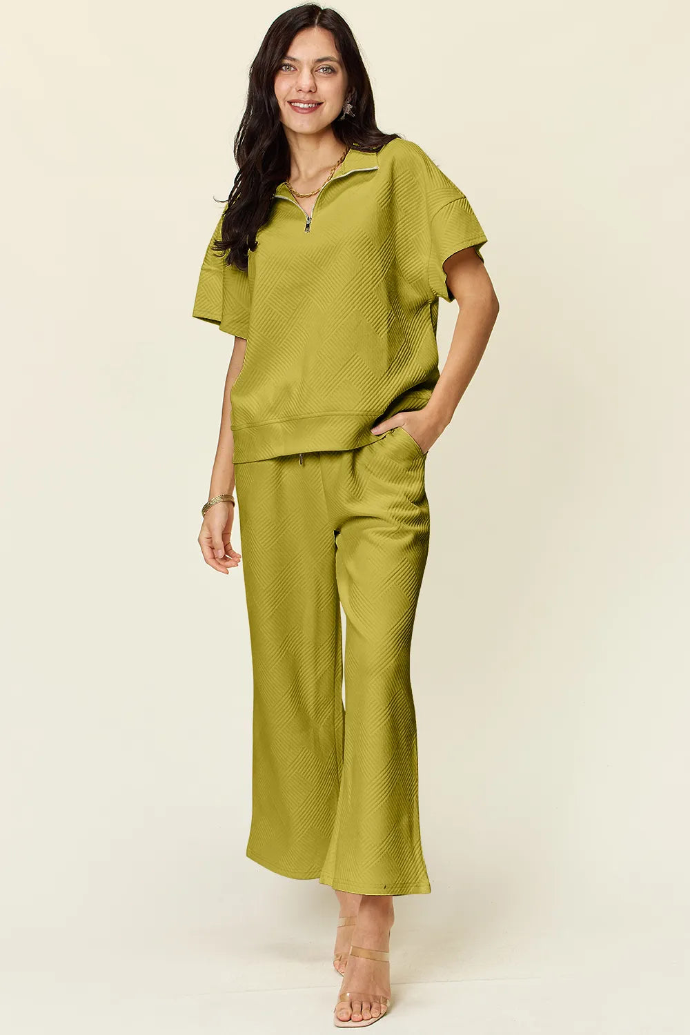 Double Take Full Size Texture Half Zip Short Sleeve Top and Pants Set - CHIC TB