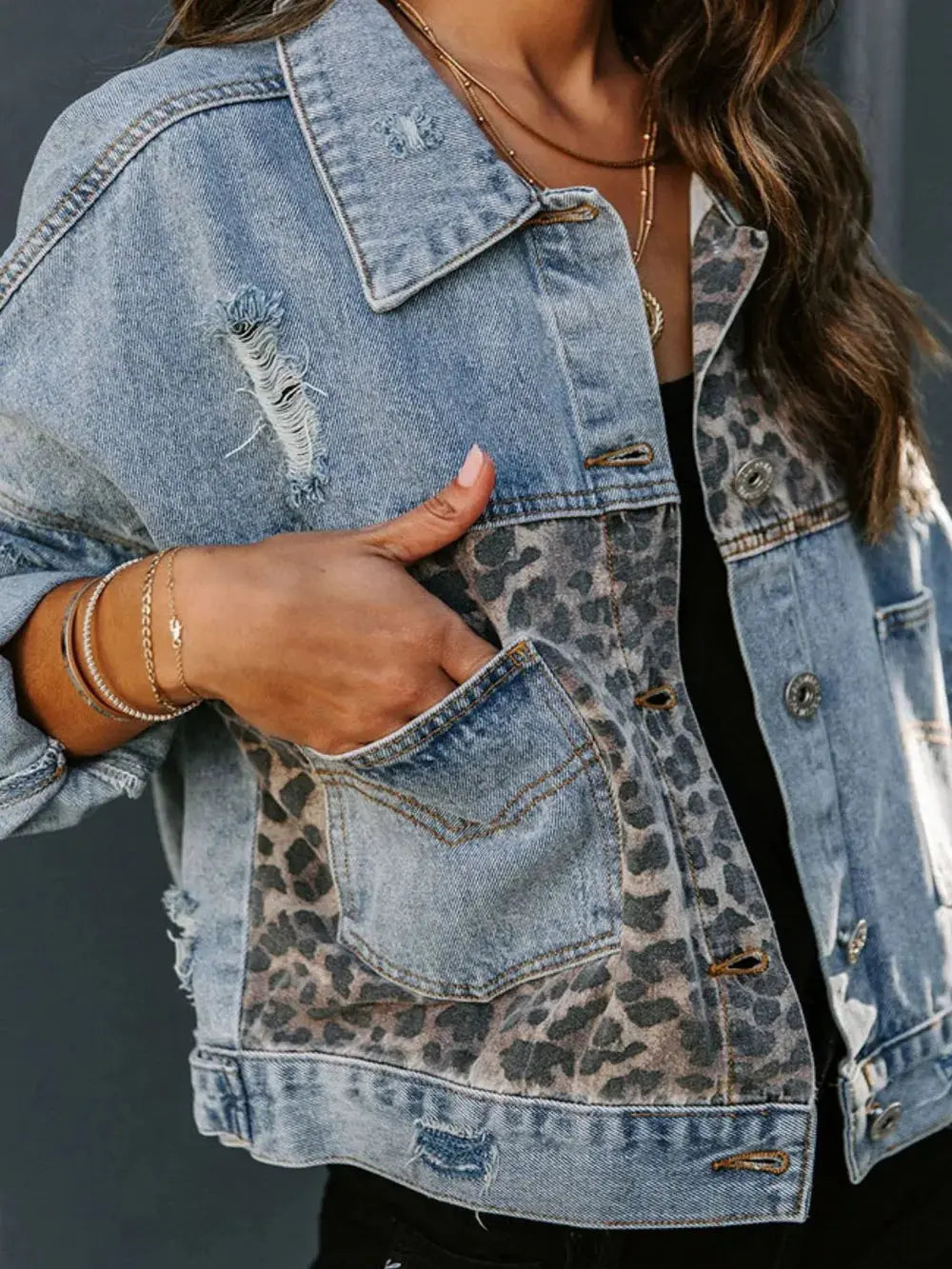 Leopard Drop Shoulder Denim Jacket.