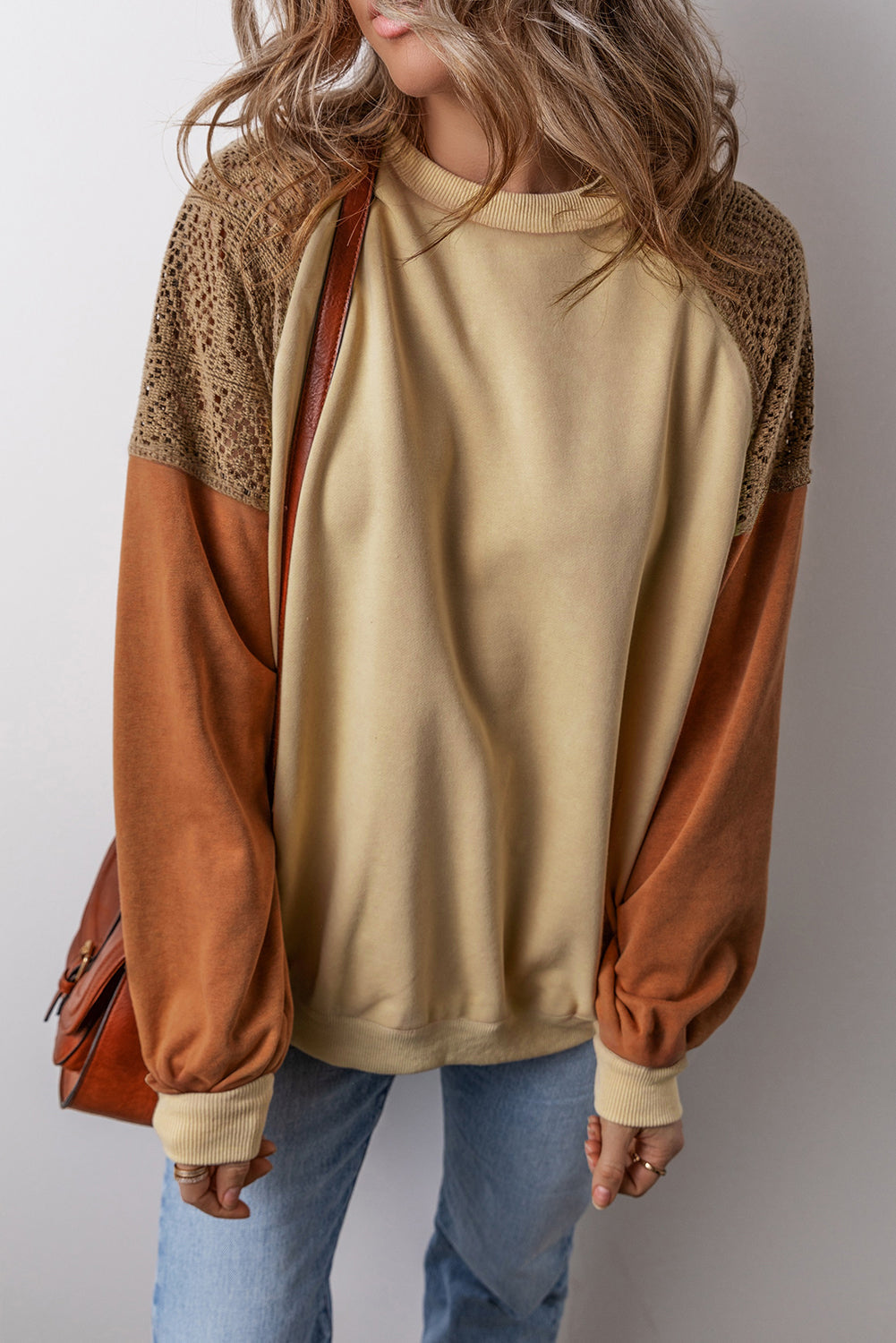 Khaki Lace Patchwork Colorblock Drop Shoulder Sweatshirt Dear-Lover Dropshipping