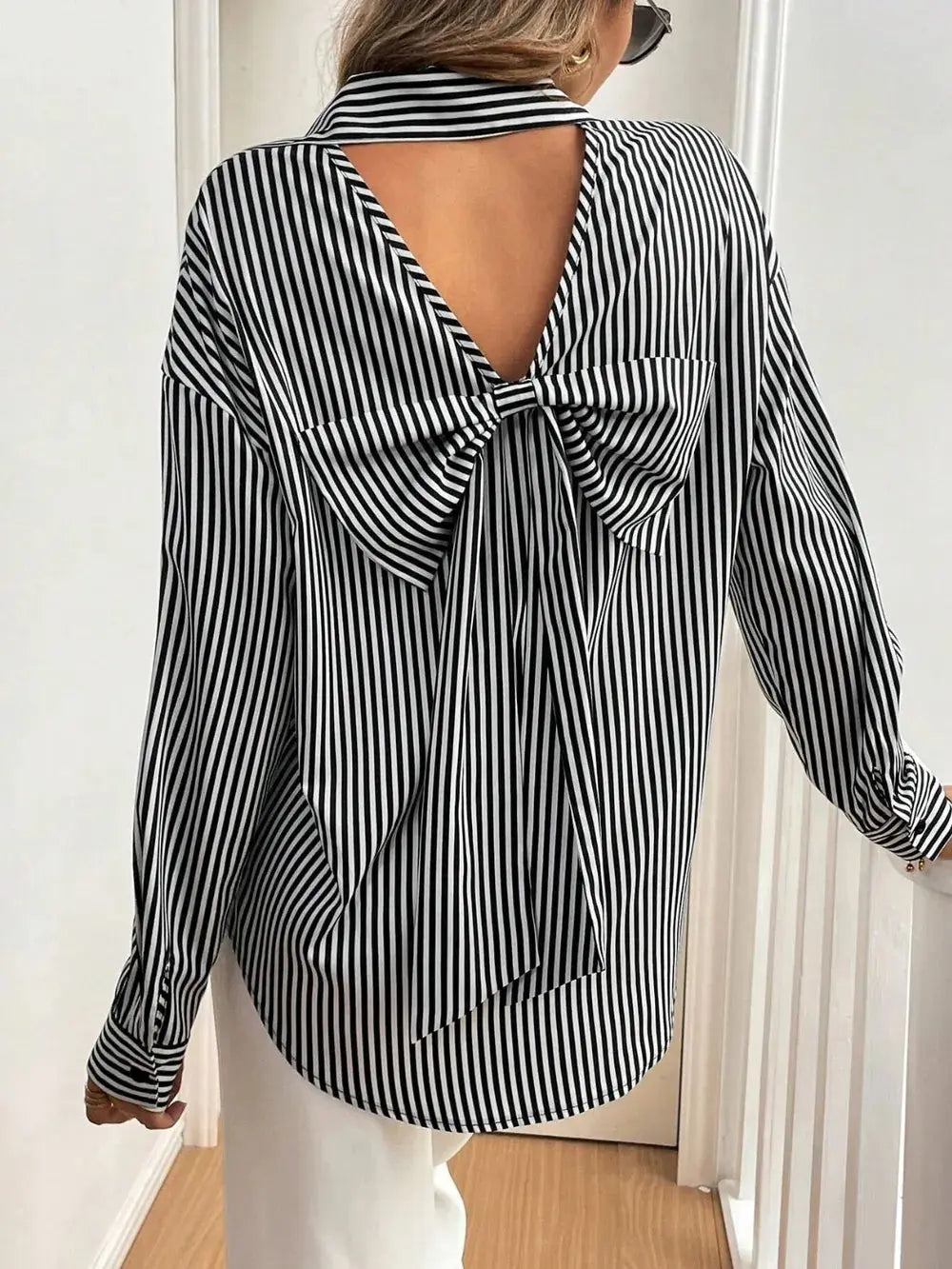 Cutout Bow Back Striped Collared Neck Long Sleeve Shirt.