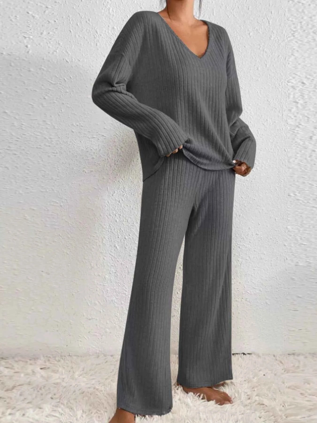 Ribbed V-Neck Top and Pants Set