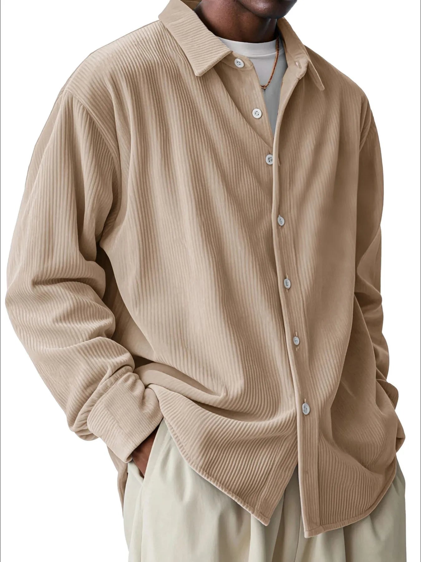 Men's Full Size Textured Button-Down Corduroy Shirt Plus Size.