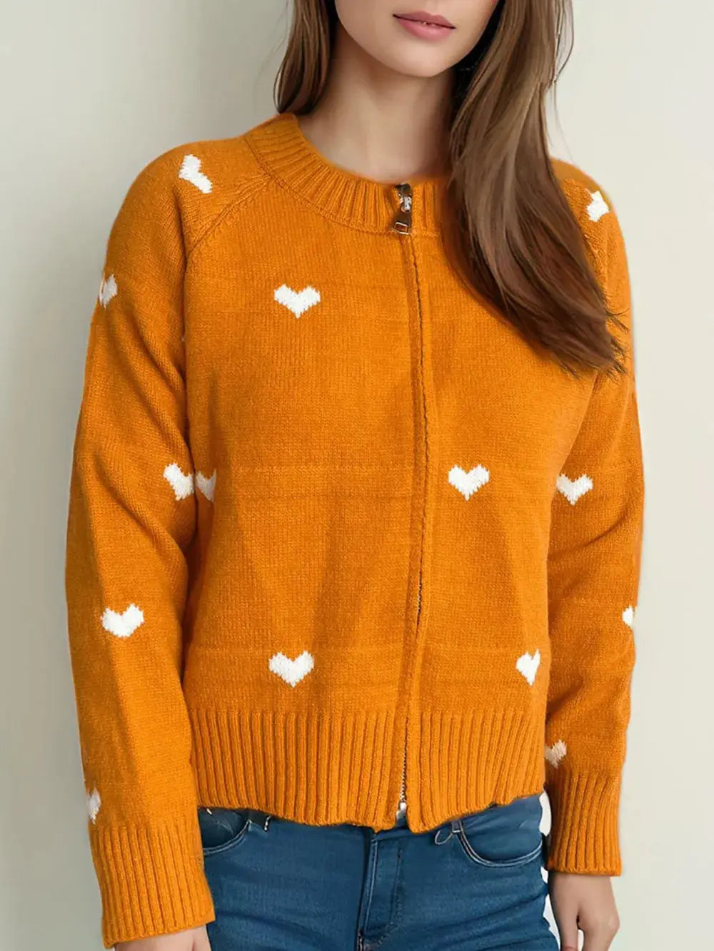 Heart Round Neck Zip Up Cardigan.