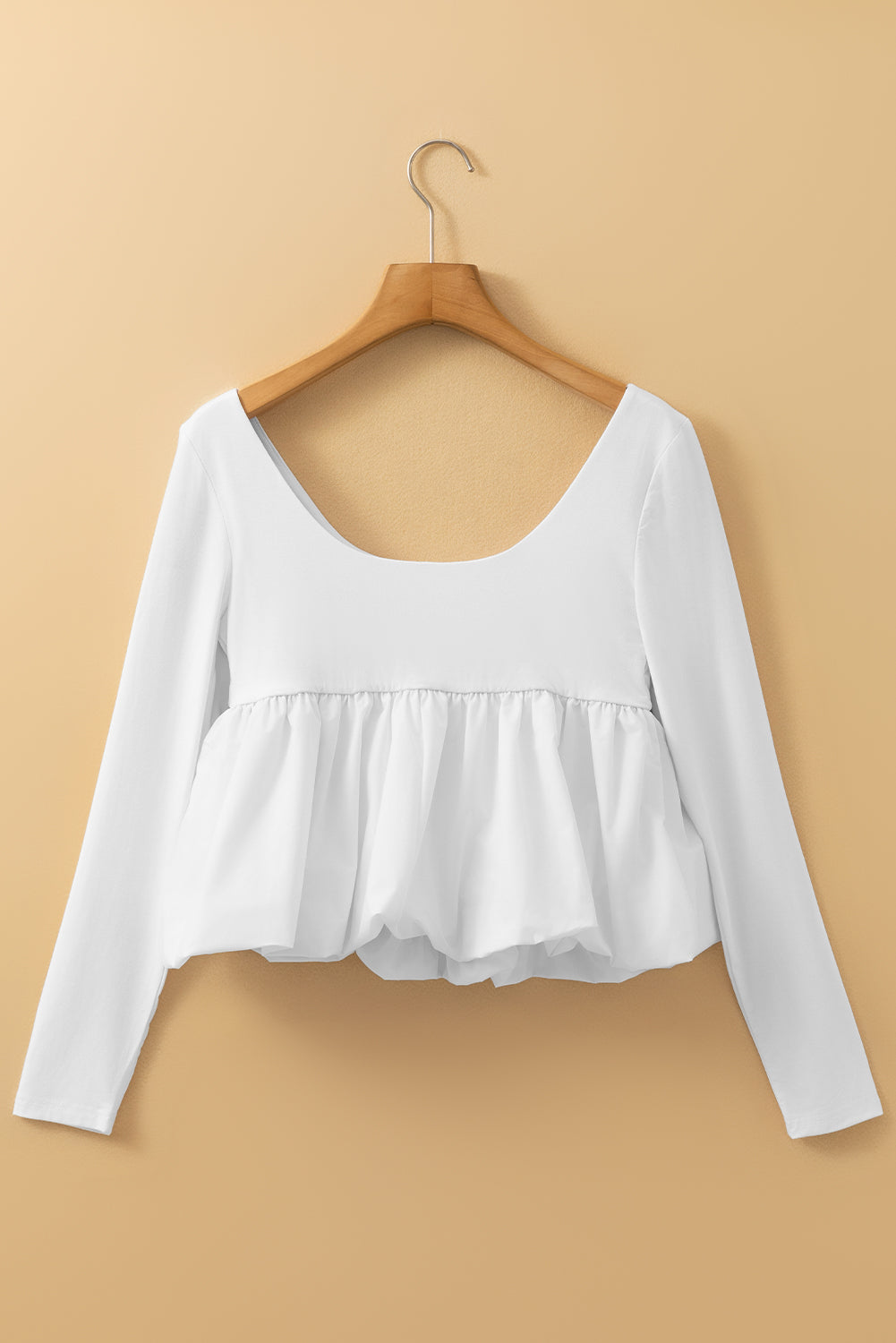 White U Neck Long Sleeve Bubble Hem Top Dear-Lover Dropshipping