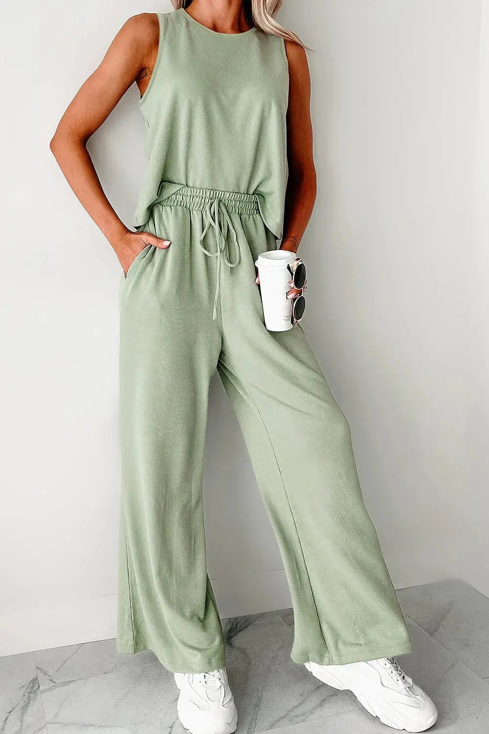 Round Neck Tank Top and High Waist Pants Set.