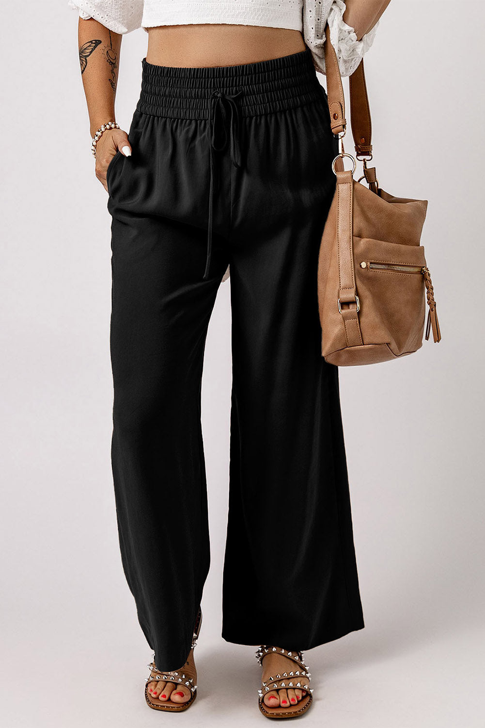 Black Drawstring Elastic Waist Casual Wide Leg Pants Dear-Lover Dropshipping