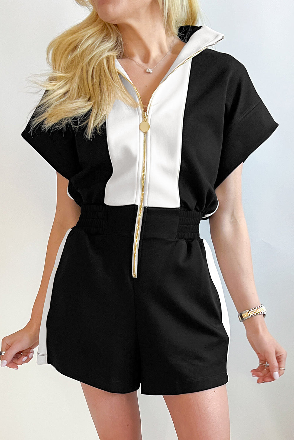 Black Contrast Collar Patchwork Zip Front Romper Dear-Lover Dropshipping