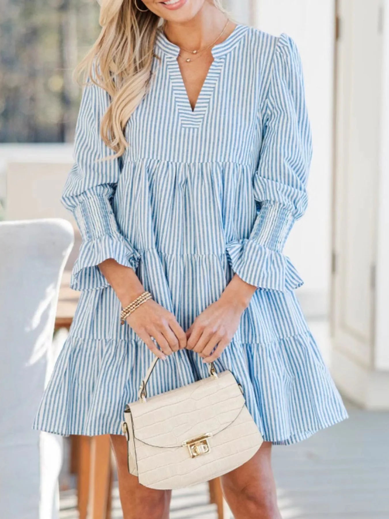 Striped Tiered Flounce Sleeve Shirt Dress.
