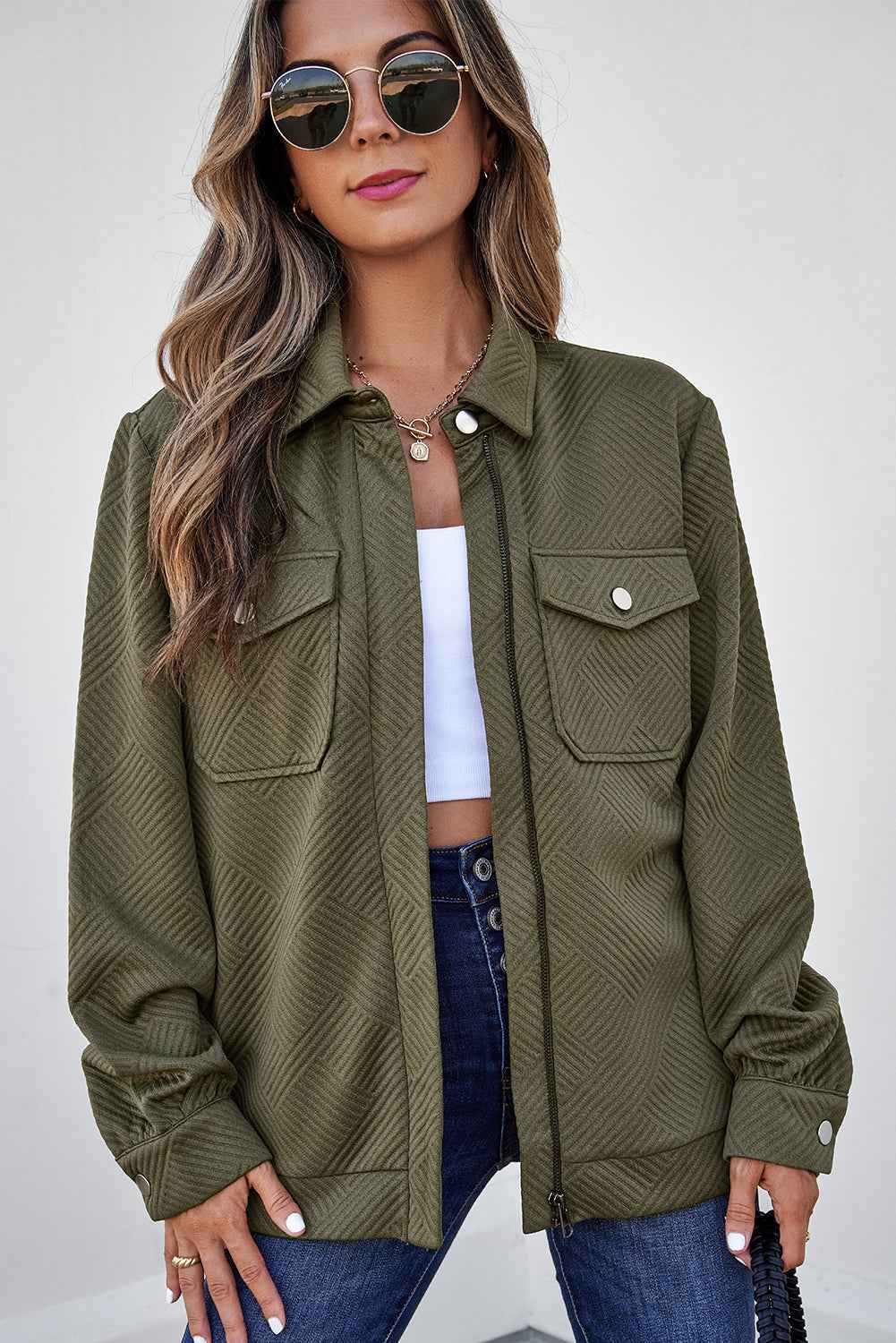 Blackish Green Solid Color Zip Up Button Flap Pocket Shirt Collar Jackets
