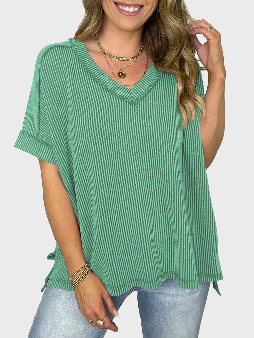 Lovelet Texture V-Neck Half Sleeve T-Shirt.