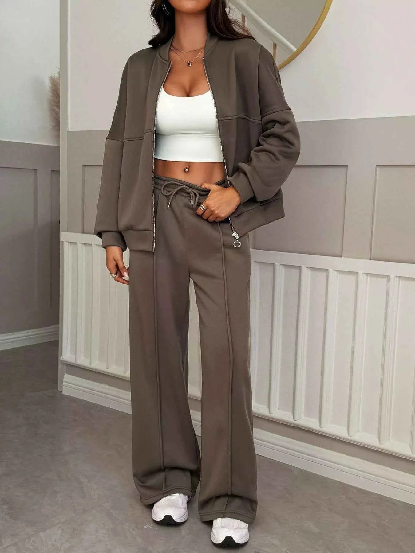 Casual Zipper Front Top and Wide Leg Pants Set